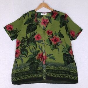 Vintage Borcellini Green Red Floral Blouse Open Front Tropical Boho Resort XL